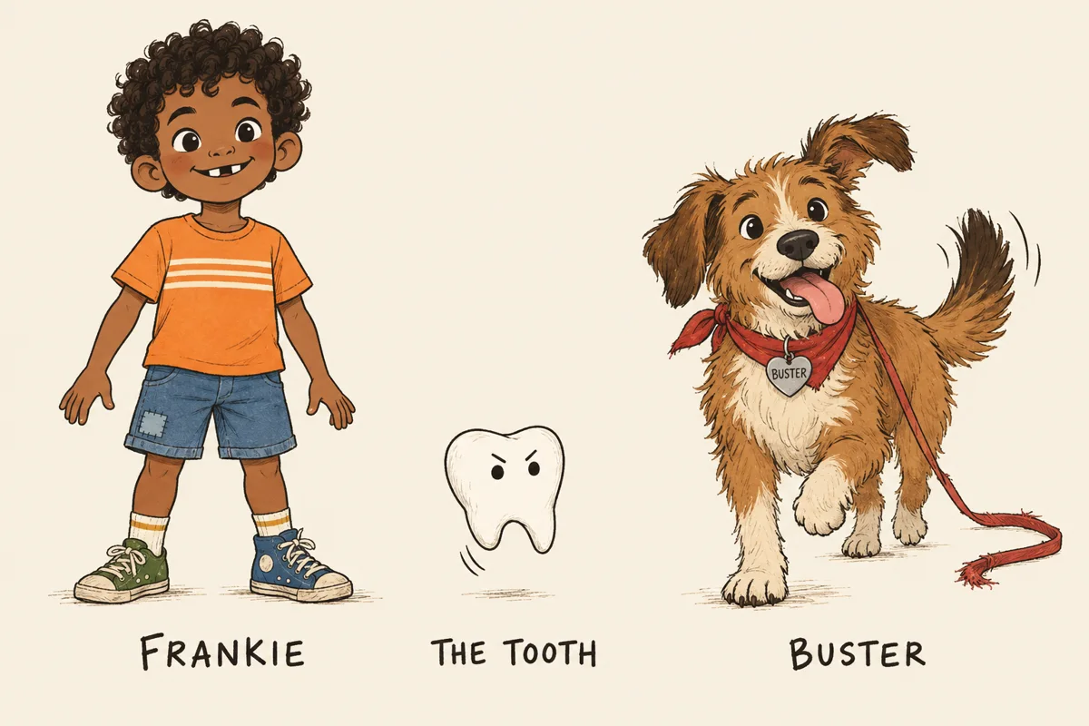 Character sketches: Frankie, the runaway tooth and Buster the dog